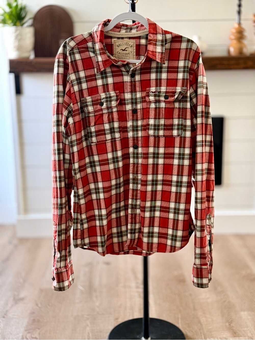 Hollister Red and White Plaid Button-Down Shirt
